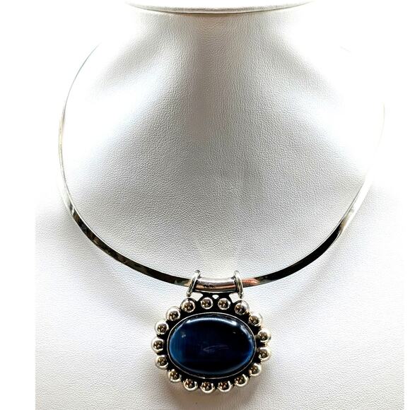 Vintage Taxco Large Blue Cat's Eye 950 Silver Pendant on Sterling Taxco Torque - Picture 2 of 10
